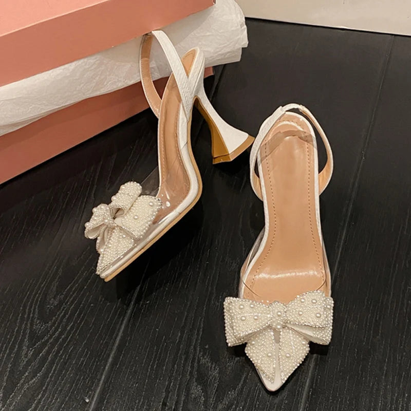 Elegant Women High Heel Sandal Fashion Imitation Pearl Bow High Heels for Woman Luxury Pointed Tip Wedding Shoes Sandalias Mujer