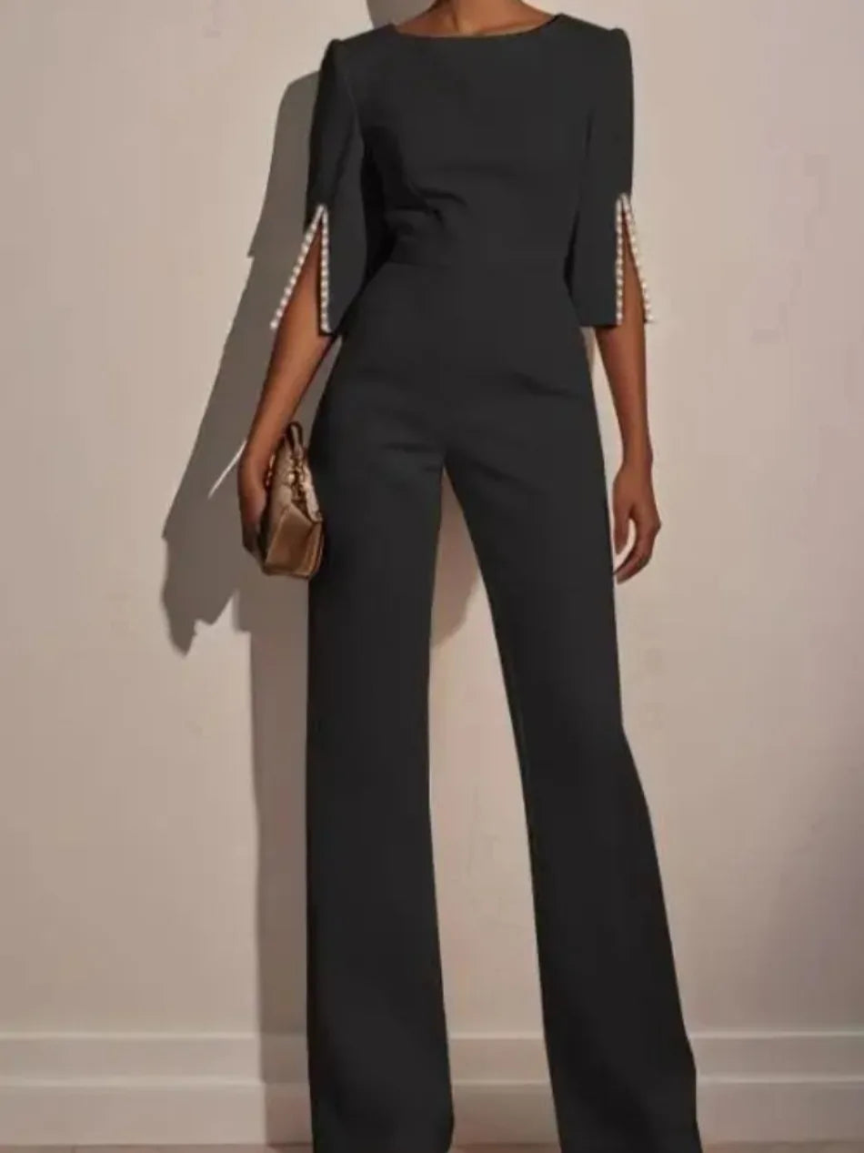 Fashion Hot Selling Spring Summer Solid High Waist Beaded Decor Jumpsuit for Women's Clothing Female Elegant Long Jumpsuits
