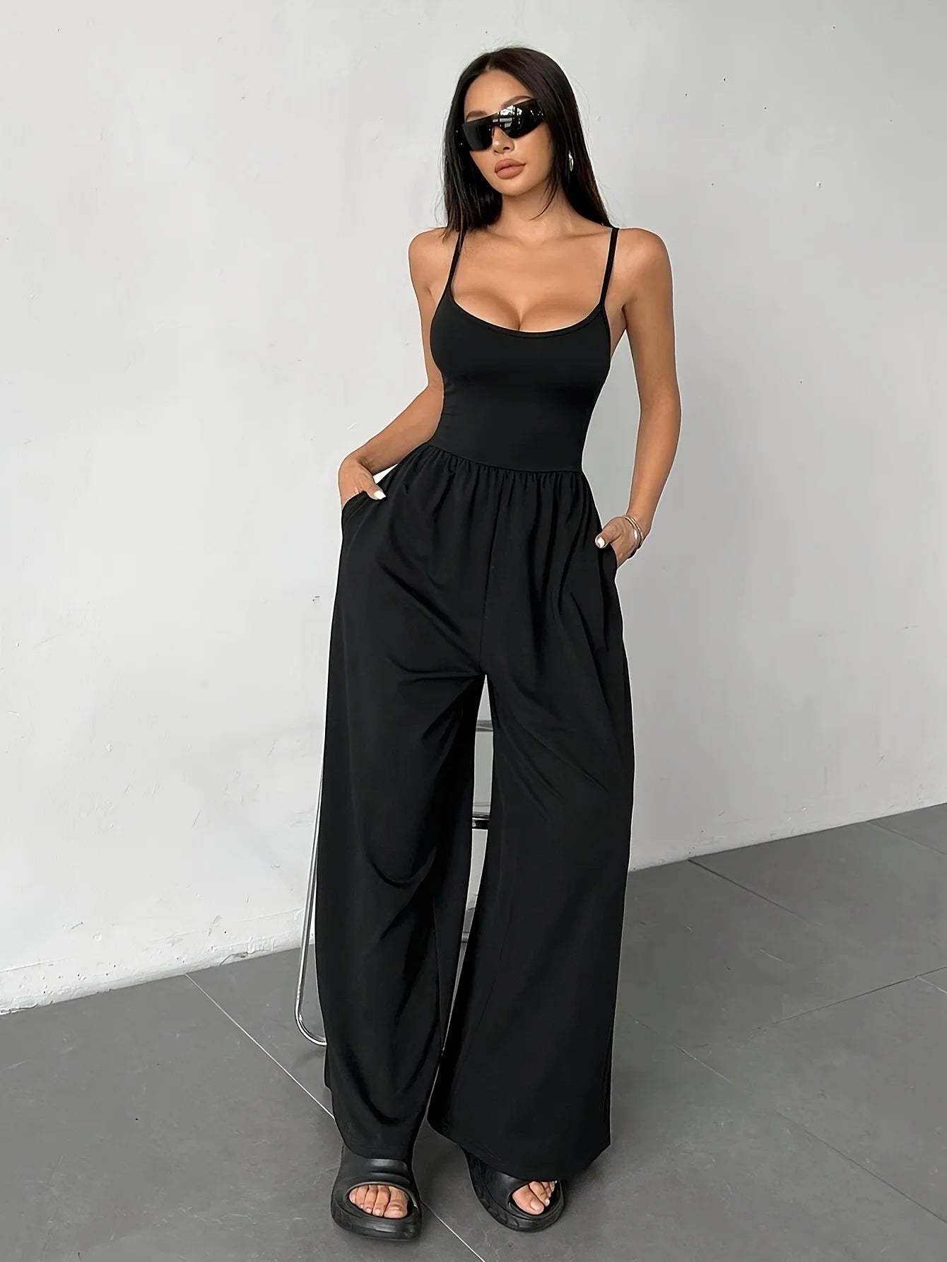 Black High Waist Spaghetti Strap Wide Leg Jumpsuit