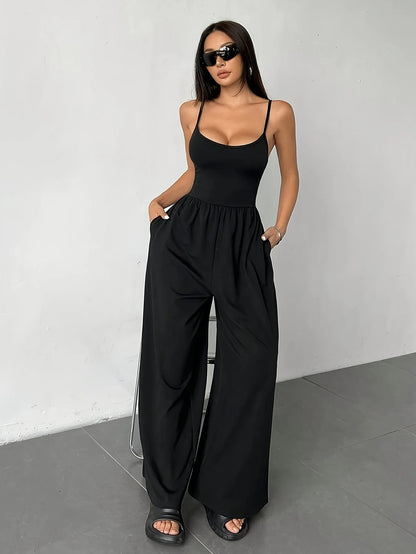 Black High Waist Spaghetti Strap Wide Leg Jumpsuit
