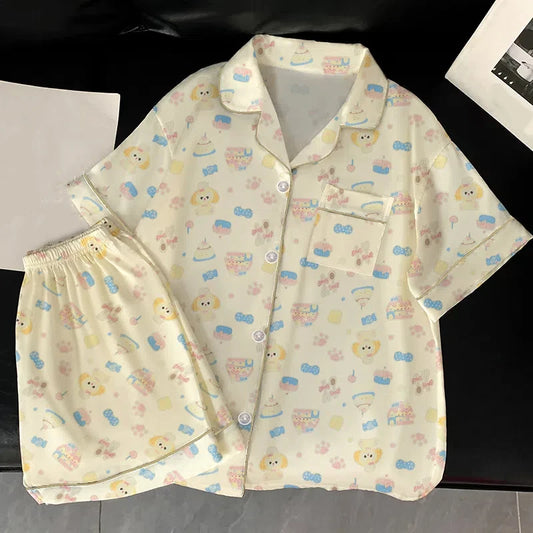 Women's Pajamas Sweet Cute Print Casual Pajama Set Short Sleeve Button Lapel Top & Pants Comfortable Relaxed Summer Nightwear