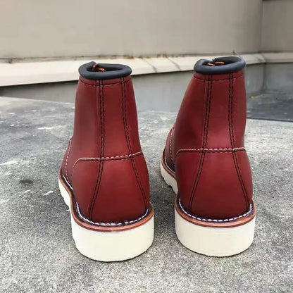 Men's Goodyear-Welted Vintage Genuine Leather Mid-calf Motorcycle Boots Round toe Casual Punk Dress Boots Work Shoes Western Red