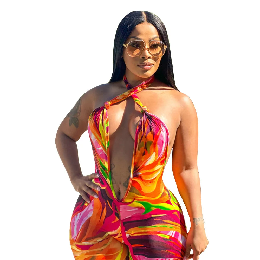CM.YAYA Women Wide Leg V-neck Halter Sleeveless Print Jumpsuits 2024 Summer Night Club Street Playsuit One Piece Suit Rompers