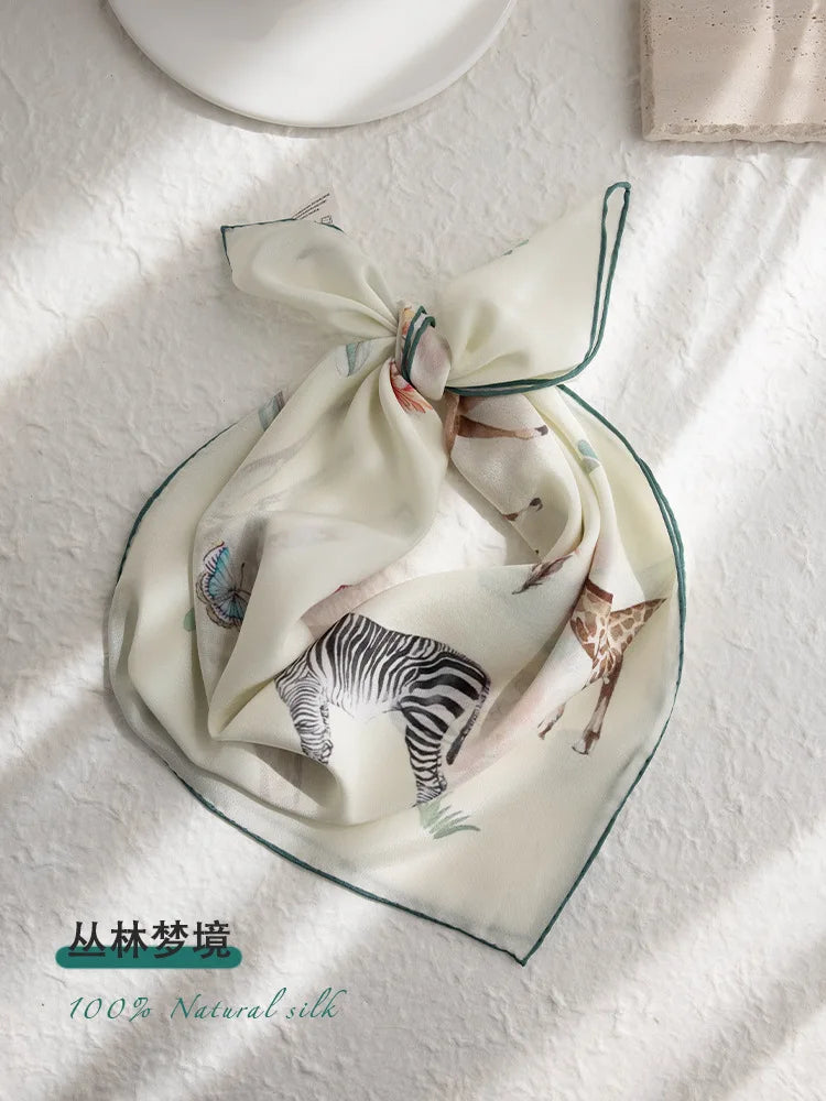 100% Mulberry Silk Square Scarf Women Animal Print Neck Scarf Soft Lightweight Neckerchief For Daily Office And Vacation Use