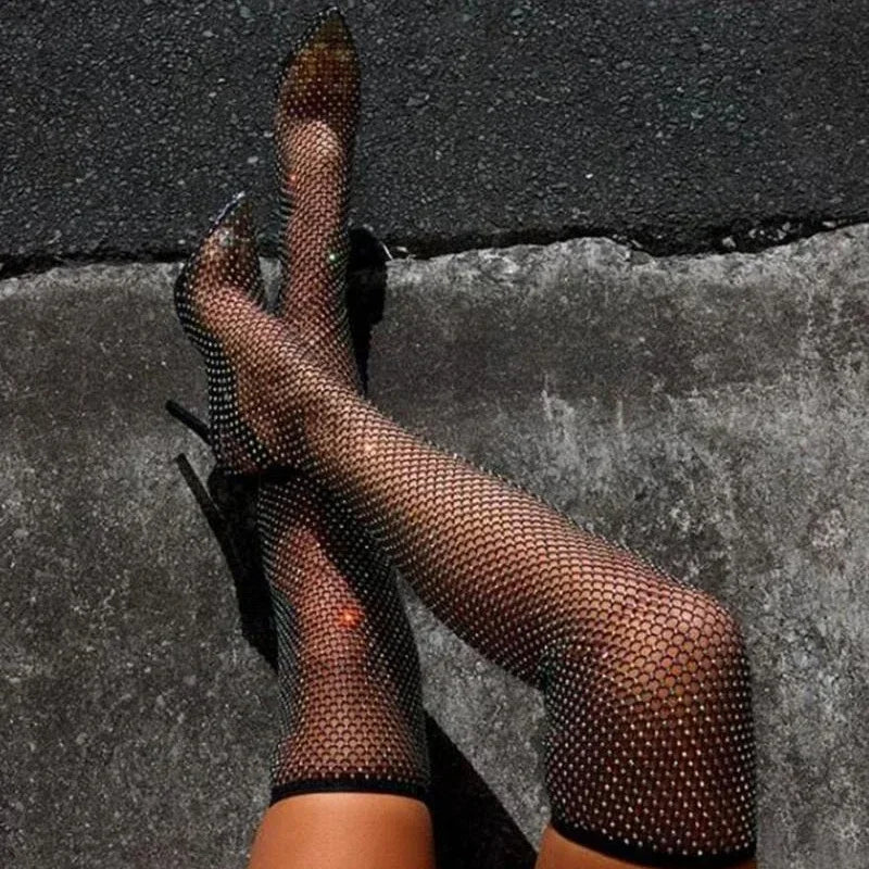 Summer Women Over The Knee Thigh High Heels Mesh Sock Boots Clear Transparent Sandals Shoes Woman Plus Size