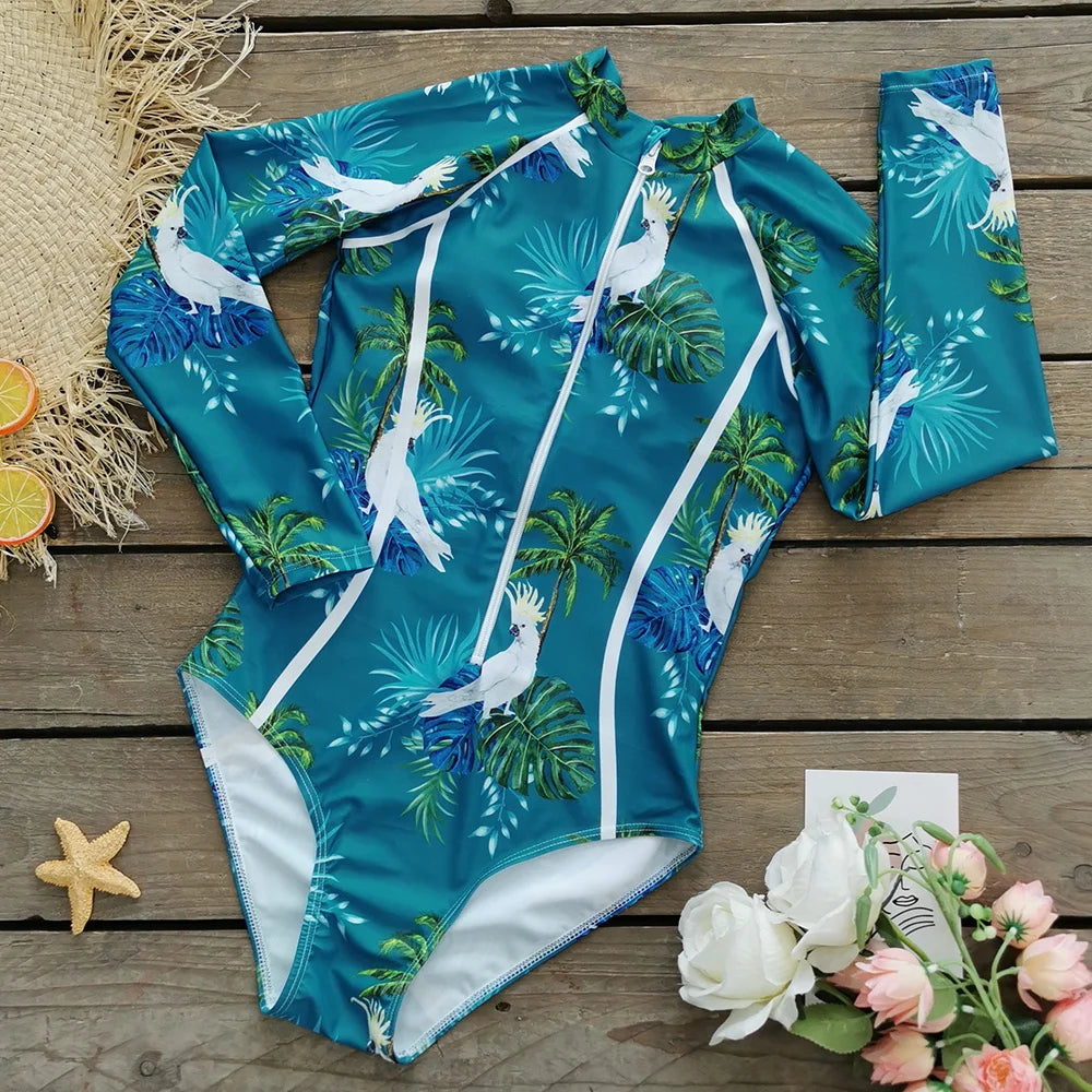 2026 Surfing Sport Swimsuit Long Sleeves Women One Piece Swimsuit  Swimwear Solid Monokini Bathing Suit Tropical Bodysuit Female
