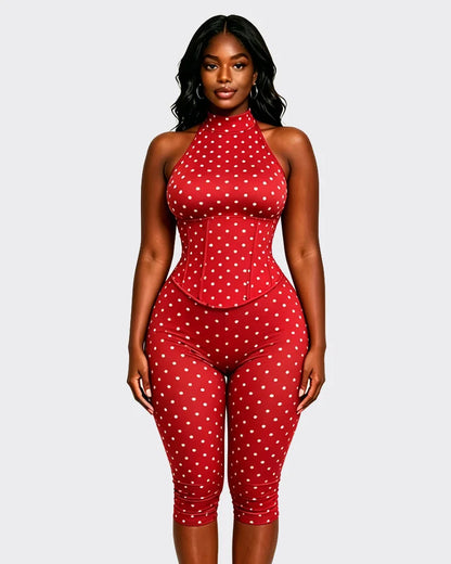 FAGADOER Cute Polka Dot Bodycon Rompers Hot Girl Streetwear Lace Up Bandage Corset Halter Jumpsuits Summer Night Club Playsuits