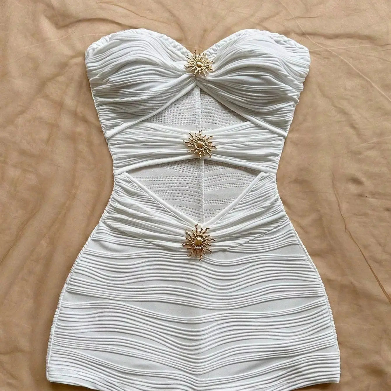 Summer White Bodycon Romper, Strapless with Sun Metal Accents
