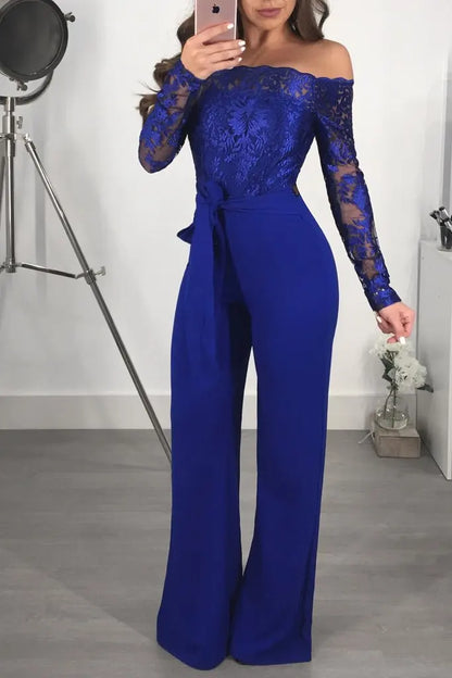 Womens Elegant Off Shoulder Long Pants Wide Leg Jumpsuits Floral Embroidery Lace See Through Cocktail Club Party Evening Rompers