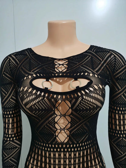 HBLL Sexy Sheer Mesh Playsuit Women Rompers Long Sleeve Hollow Out Skinny Night Club Outfit One Pieces Jumpsuit Shorts Bodysuit