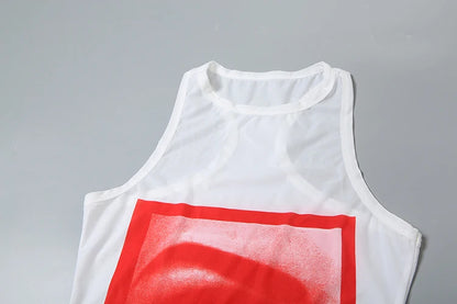 Weird Puss Lip Print Women Long Tops Sexy Y2K Hipster Thin O-neck Sleeveless Wild Basic Stunning Street Club Midnight Party Vest