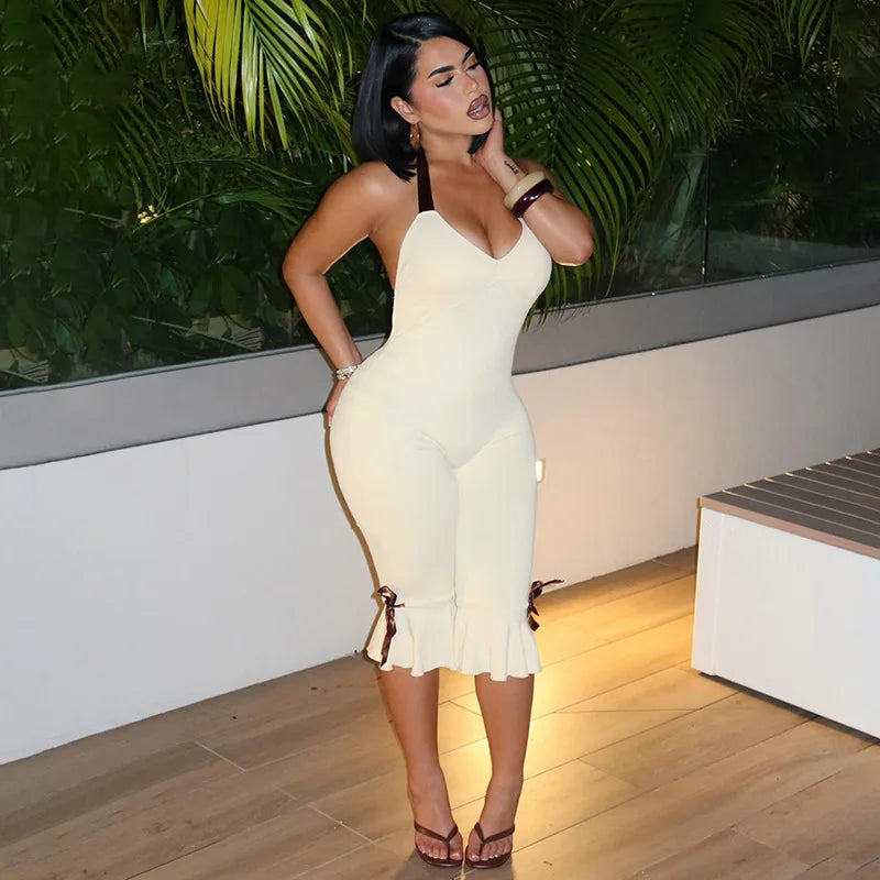 Joskaa Bowknot Decorate Halter Apricot Jumpsuit Women Hipster Sexy V-neck Backless Bandage Skinny Rompers Beach Holiday Clubwear