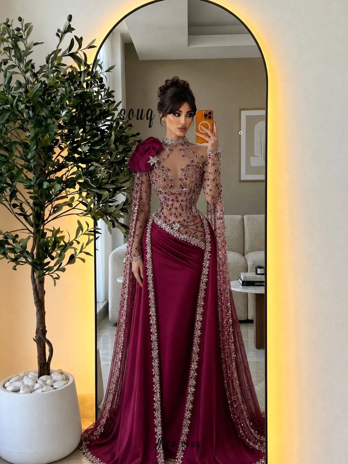 Caftan Marocain Burgundy Prom Dress With Cape Sleeves Beading Crystals Lace Applique Muslim Arabic Evening Gowns  Customized