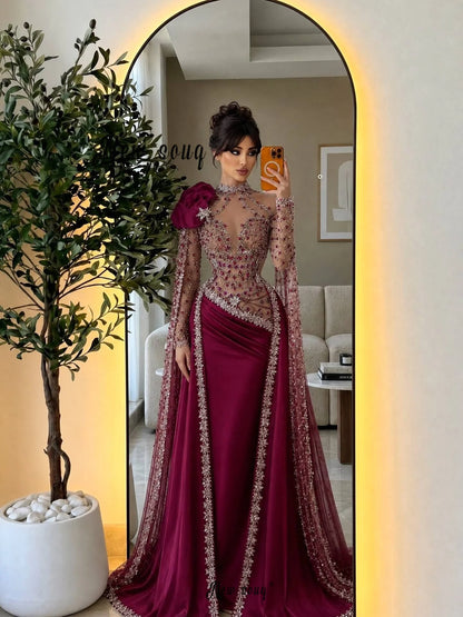 Caftan Marocain Burgundy Prom Dress With Cape Sleeves Beading Crystals Lace Applique Muslim Arabic Evening Gowns  Customized