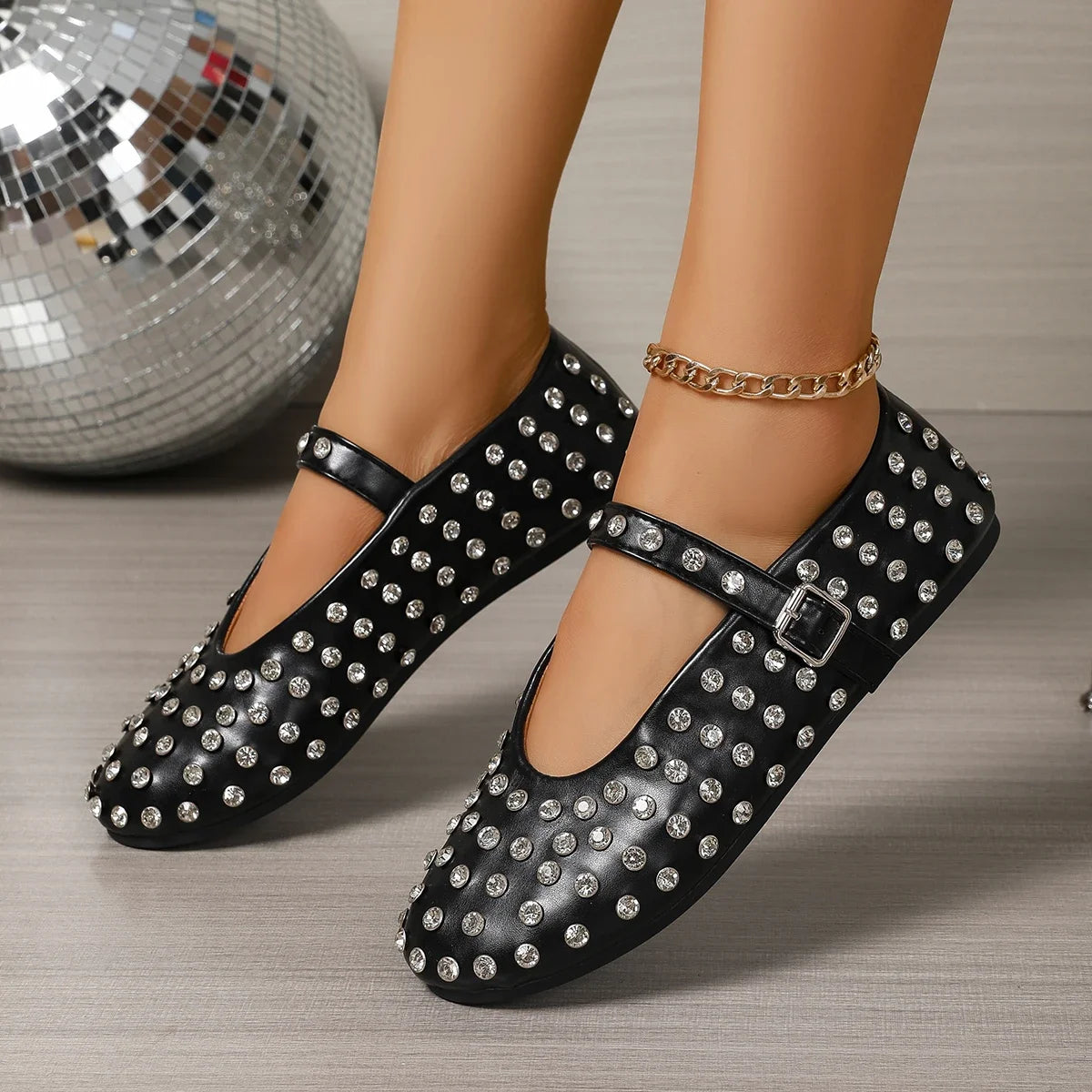 Women's Flat Dress Shoes Bottom Mary Jane Water Diamond Casual Dancing Shoes Genuine Leather Single Shoes Luxury Ballet Flats