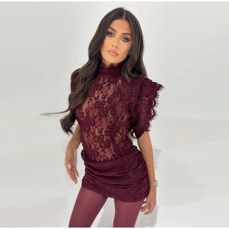 Delicate Lace V-Neck Flare Sleeve Peplum Top High Waist Mermaid Hem 2026 Spring Elegant Women Trendy Retro Sophisticated Co-Ord
