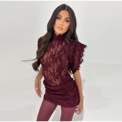 Delicate Lace V-Neck Flare Sleeve Peplum Top High Waist Mermaid Hem 2026 Spring Elegant Women Trendy Retro Sophisticated Co-Ord