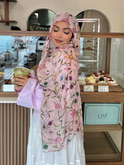 1Pcs Ramadan Flower Watercolor Hijab Women Bohemian Soft Muslim Hijabs Floral Breathable Shawl Wrap Scarf Headscarf Warm