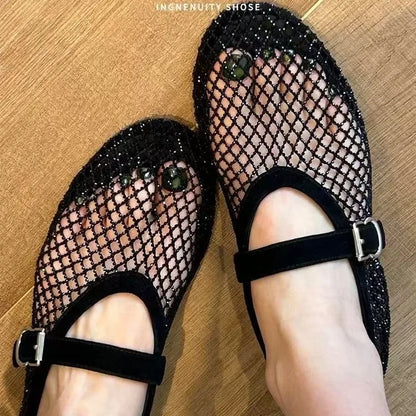 2026 New Model~ Fishnet Rhinestone Ballet Flat Mary Jane Women's Shoes with Hollowed-Out Strap