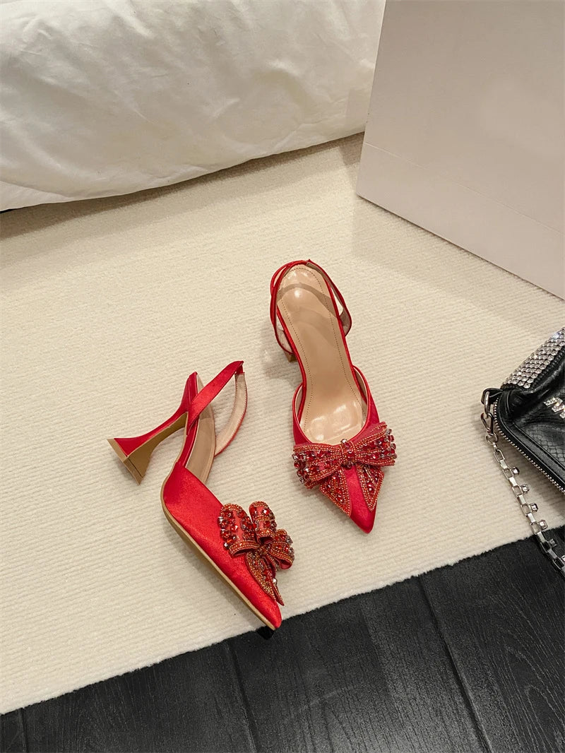 Liyke Fashion Sequined Crystal Bowknot Women Pumps Sexy Pointed Toe Red High Heels Wedding Banquet Shoes Ladies Slingback Sandal