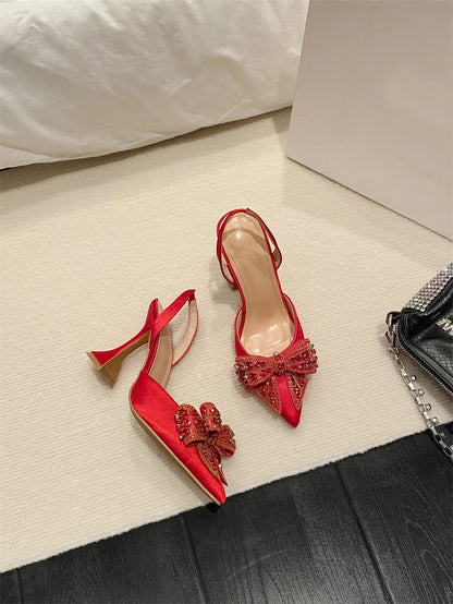Liyke Fashion Sequined Crystal Bowknot Women Pumps Sexy Pointed Toe Red High Heels Wedding Banquet Shoes Ladies Slingback Sandal