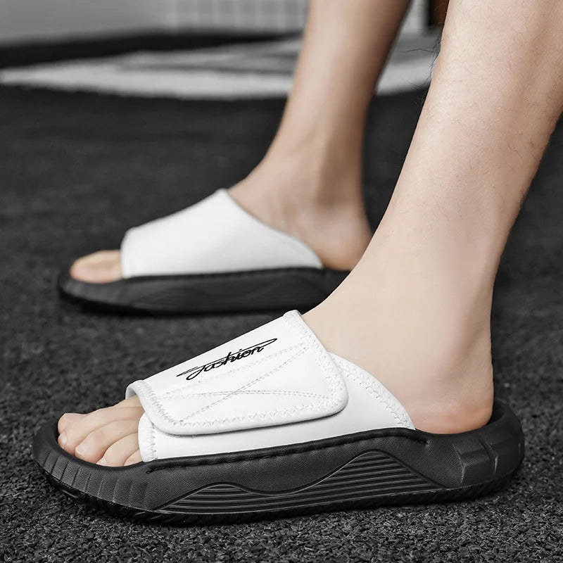 Leisure Walk Mens Slippers Outdoor Leather Male Slides Sneakers Summer Beach Shoes Sandals for Male Large Size Casual Half Drag