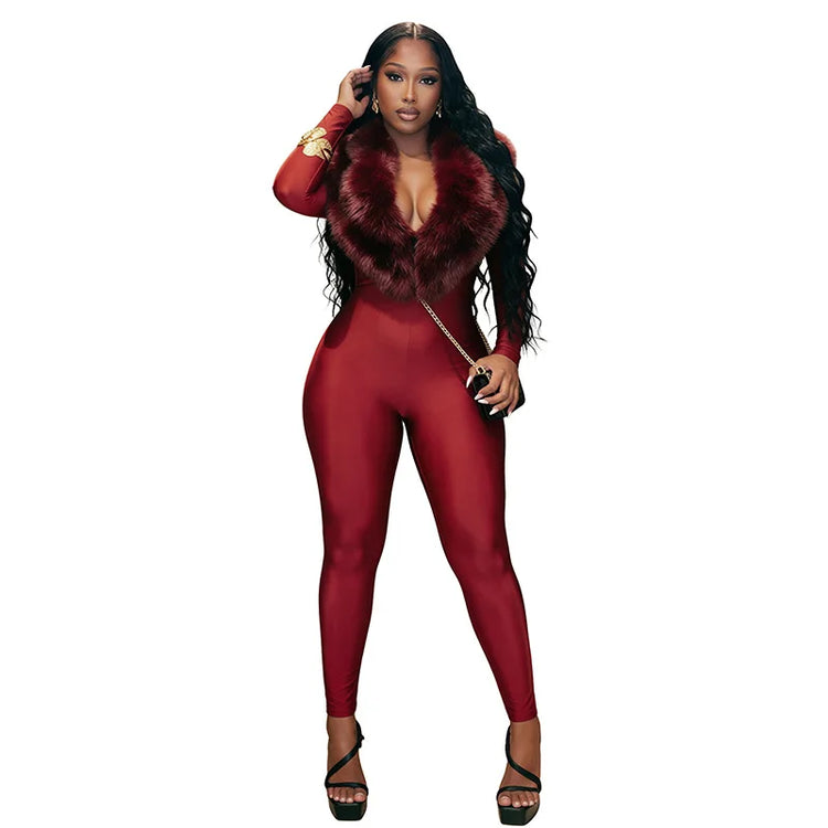 FAGADOER Women Fall Winter Bodycon Jumpsuit Faux Fur Collar Long Sleeve Deep V Neck Slim Fit Sexy Club Party One Piece Outfit