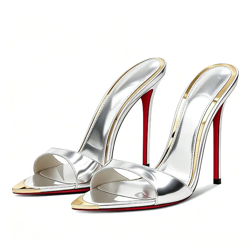 Customized metal pointed high-heeled cool slippers for summer,with a slim heel and elegant styleworn externally with a half drag