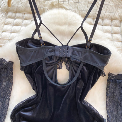 Women Lace Patchwork Velour Strappy Catsuits Fashion One Piece Combination Rompers Erotic Fashion Sexy Bunny Bodysuits Cosplay