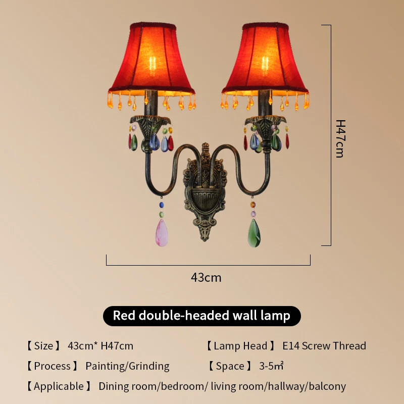 Retro American European Iron Art Red Cloth Crystal Wall Lamp for Hall Restaurant Bedroom Walkway Hotel Bar Decorative Wall Light