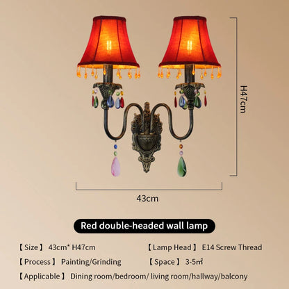Retro American European Iron Art Red Cloth Crystal Wall Lamp for Hall Restaurant Bedroom Walkway Hotel Bar Decorative Wall Light