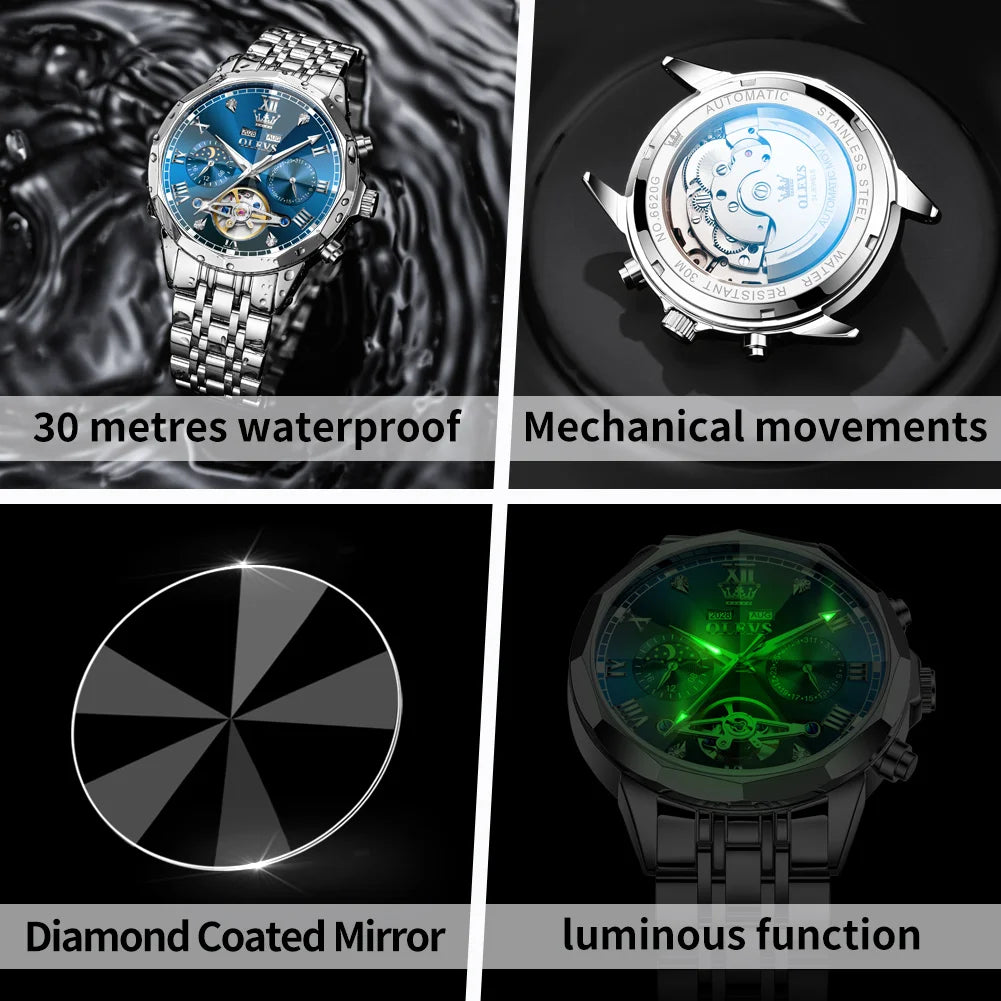  OLEVS Automatic Mechanical Watch for Men Tourbillon Moon Phase Diamond Dial Stainless Steel Strap Waterproof Men Wristwatch