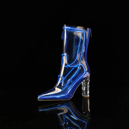 Women Glowing Transparent PVC Ankle Boots Pointed Toe Chunky Clear High Heel Fashion Sexy Dress Party Nightclub Festival Stage