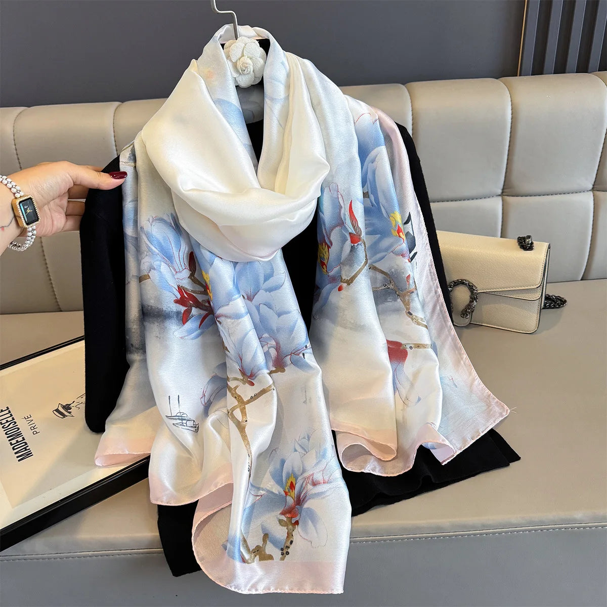 180*90cm Large Silk Satin Scarf Women Fashion Printed Scarf Spring And Summer Styles New Shawl Wrap Female Hand 2025 NEW