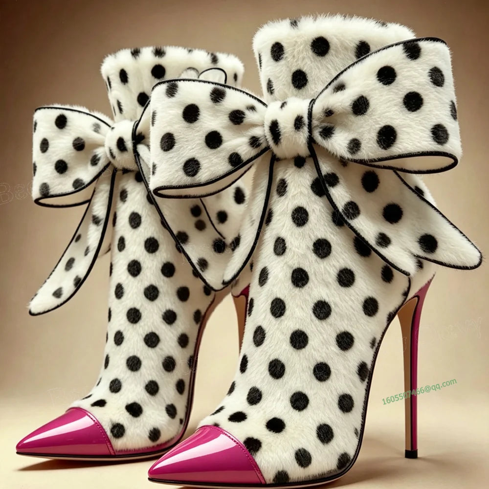 Black Toe Bow Knot Ankle Boots Polka Dots Front Pointed Toe Thin Heels Shoes High Heel Shoes for Women New Zapatos Para Mujere