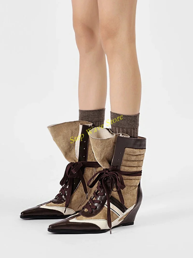 Patchwork Wedges Lace Up Ankle Booties Sexy Pointy Toe Runway 2026 Winter Autumn Women Handmade Dress Shoes Mixed Color