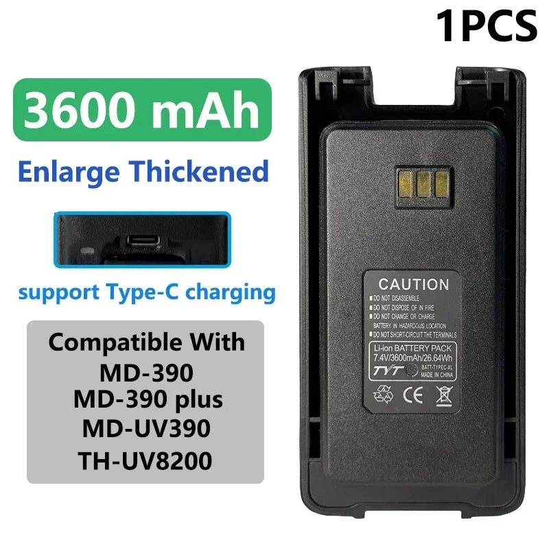 MD-390 Original Battery Enlarge Thicker Battery USB-C Charge 3600mAh Compatible With MD-UV390 MD-390Plus TH-UV8200 Walkie Talkie