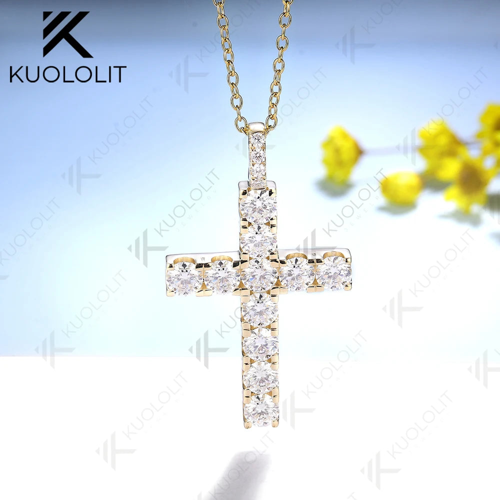 Kuololit 3.36ctw Cross Chain Moissanite Pendants for Women Solid 925 10K Sterling Silver Handset Luxury Necklace for Engagement