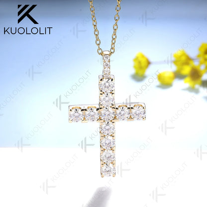 Kuololit 3.36ctw Cross Chain Moissanite Pendants for Women Solid 925 10K Sterling Silver Handset Luxury Necklace for Engagement