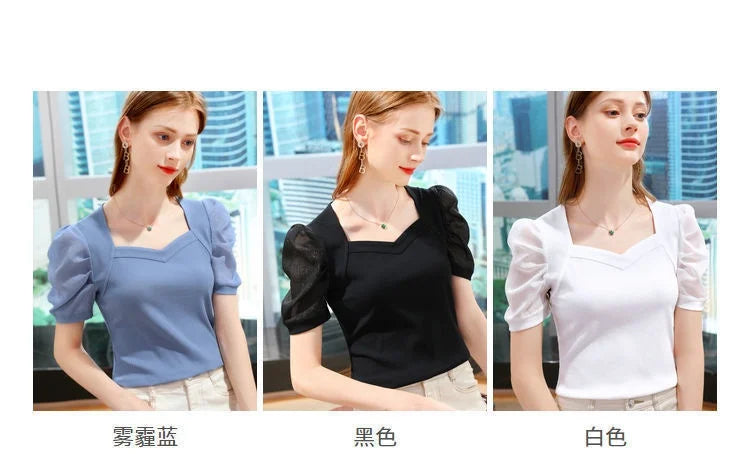 Elegant Women's Sweetheart Neck Puff Sleeve Top Blue Ribbed Slim Fit Short Sleeve Blouse Casual Daily Office Wear T-shirt