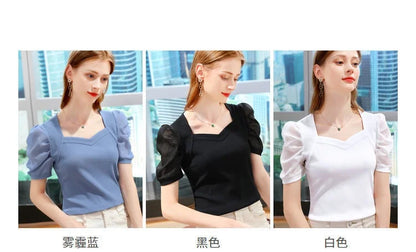 Elegant Women's Sweetheart Neck Puff Sleeve Top Blue Ribbed Slim Fit Short Sleeve Blouse Casual Daily Office Wear T-shirt