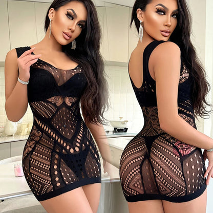 One-piece Fishing Net Bodycon Dress Sleeveless Women's Mesh Skirt Sexy Hollow Out See Through Nightwear Night Club Erotic Wear
