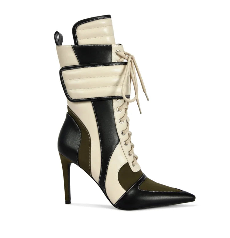 Cool Punk Mixed Colors Leather Motorcycle Boots Pointed Toe Lace up Sexy White Short Boots Women's High Heels Luxury Designer