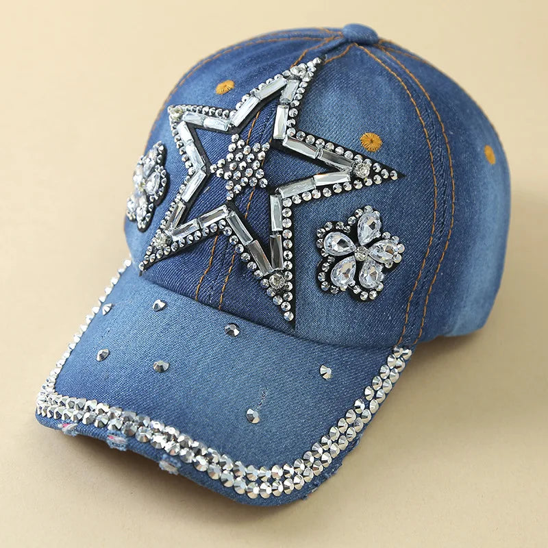 Denim Fashion Cap, Point Diamond Star Baseball Cap, Outdoor Sun Protection Visor, Trendy Cap