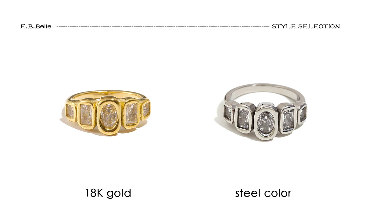 E.B.belle High Quality Geometric Clear Zircon Ring Classic Style18k Gold Plated Popular Jewelry Charm Hypoallergenic