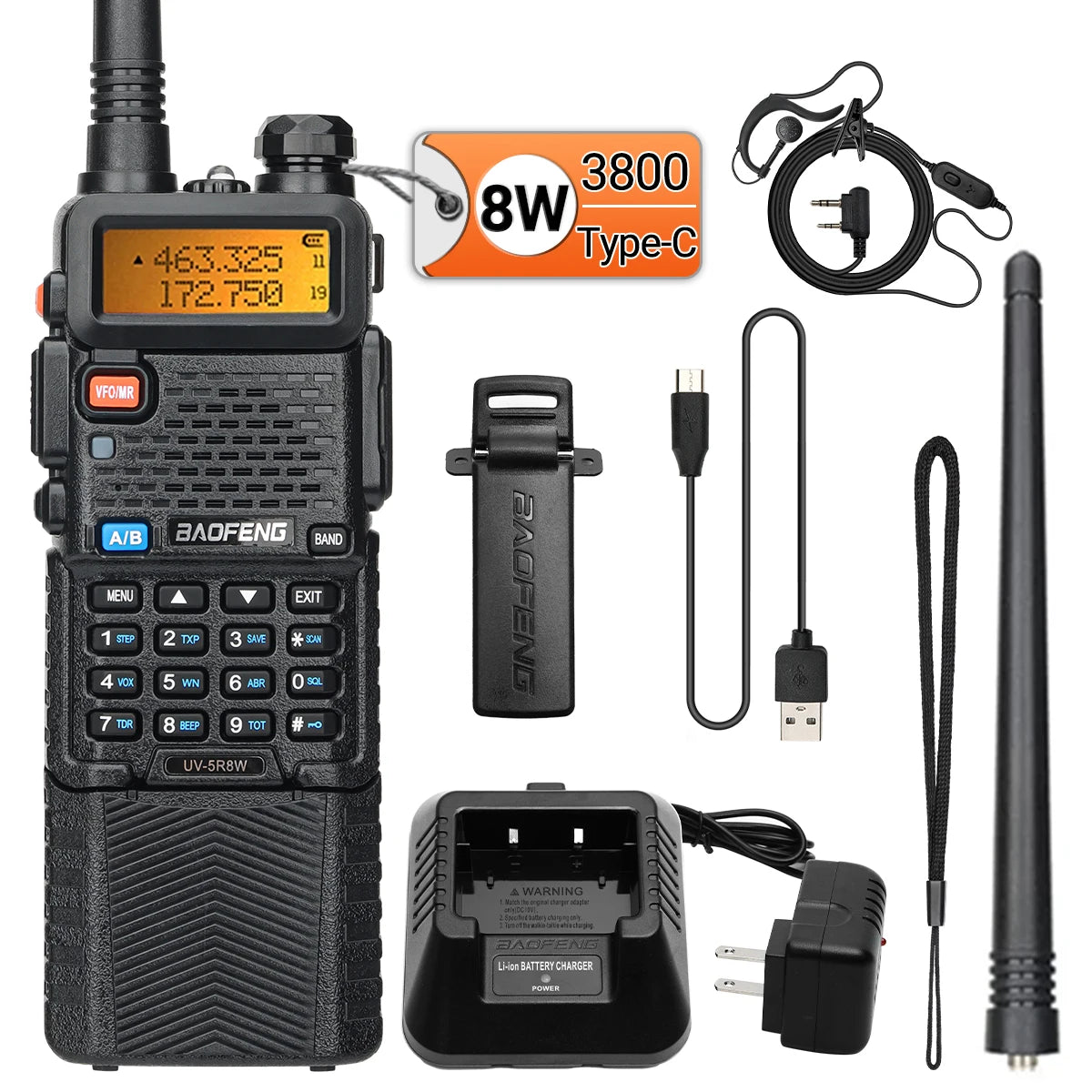 Baofeng UV-5R 8W Long Range Walkie Talkie 3800mAh Type-c Ham Amateur Communication Two Way Radio for Adults Camping