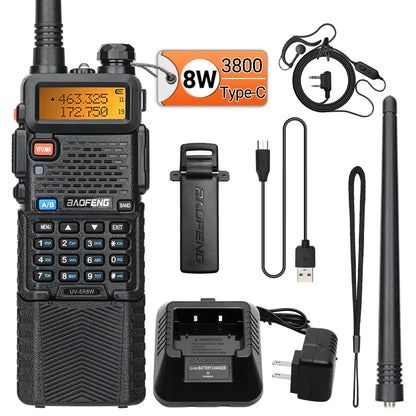 Baofeng UV-5R 8W Long Range Walkie Talkie 3800mAh Type-c Ham Amateur Communication Two Way Radio for Adults Camping