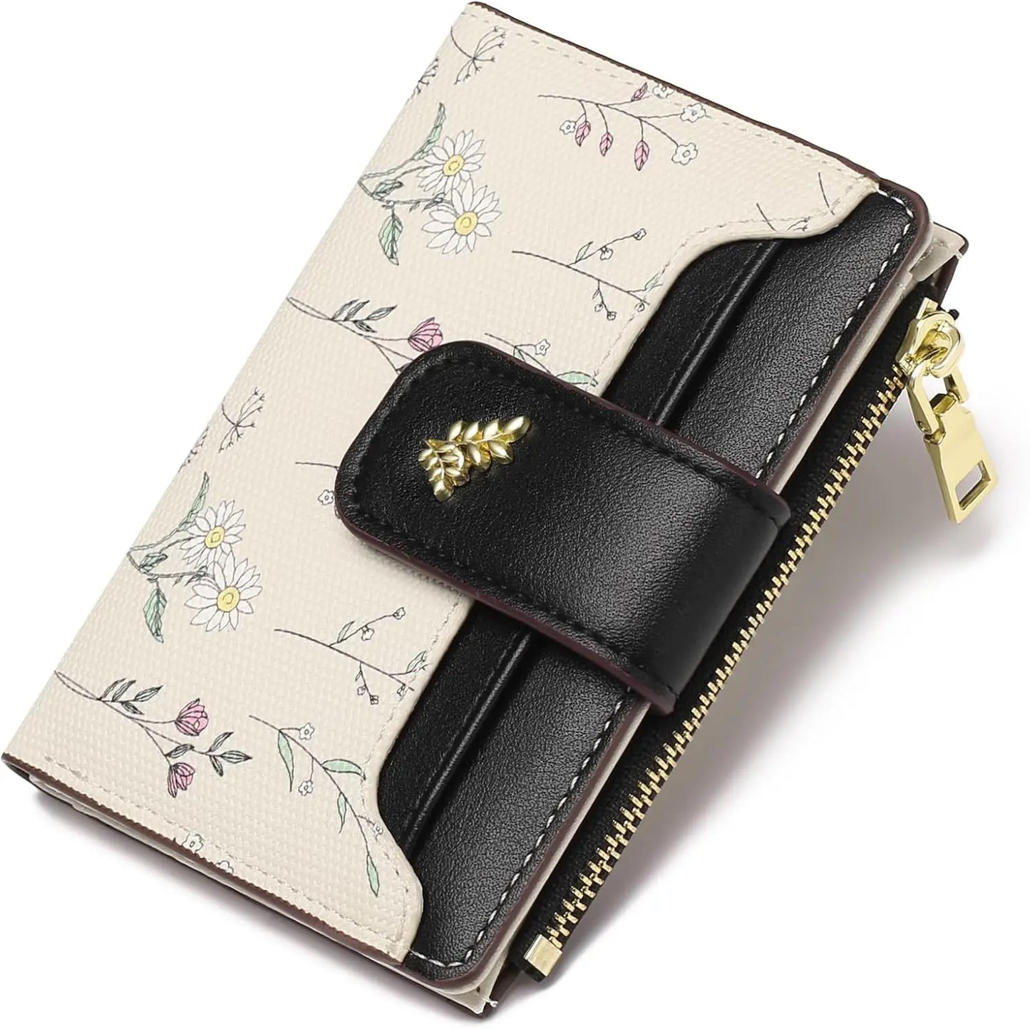 Small Wallets for Women Leather foldable Zipper Pocket Wallet Cute Flower Credit Card Holder Coin Purse with ID Window