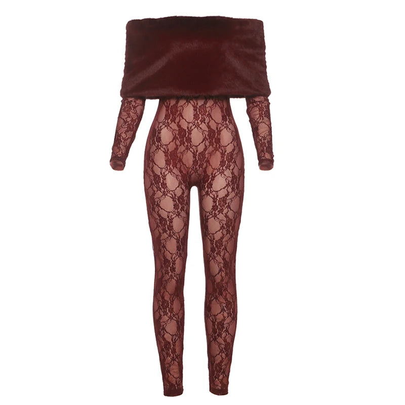 Sisterlinda Sexy Furry Patchwork Jumpsuits Women Coquette See Through Jacquard Slash Neck Full Sleeve Skinny Chic Party Clubwear