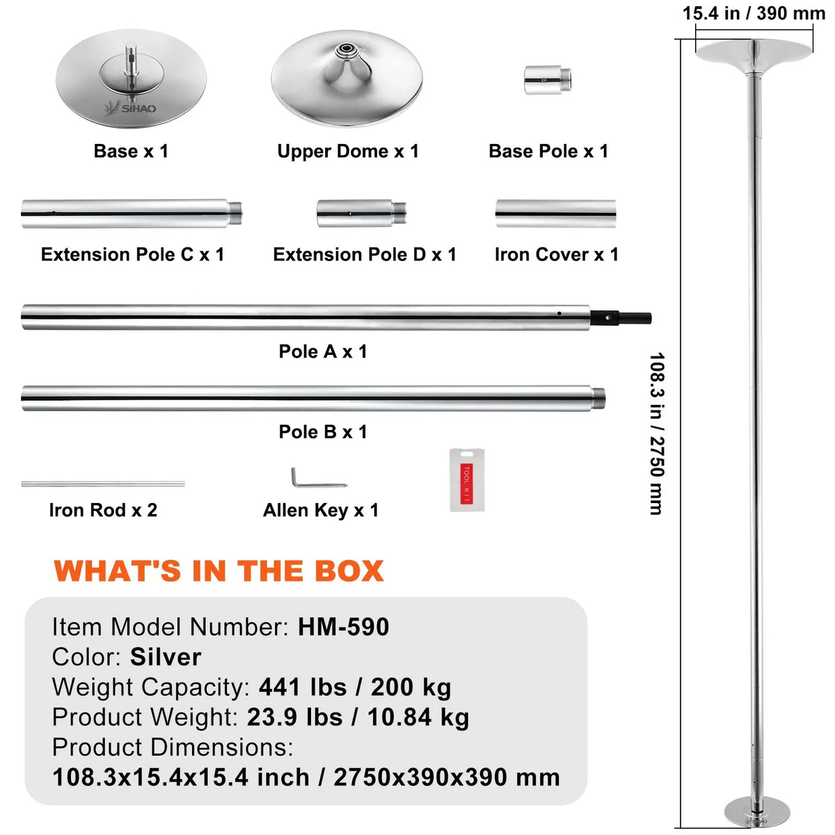 SIHAO Stainless Steel Dance Pole Kit, Height Adjustable Spinning & Static Pole, Portable Dance Fitness Equipment for Home, Club & Gym